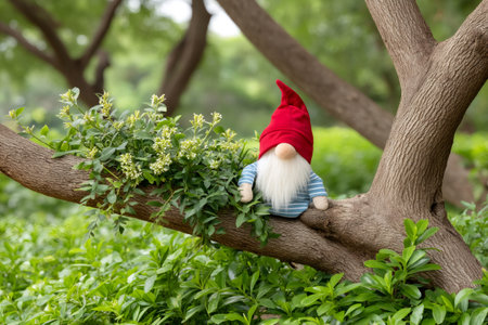 Cute garden gnome with red hat and blue and white striped shirt relaxing on a tree branchの素材