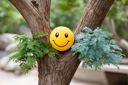 Bright yellow smiley face balloon is nestled between the branches of a tree, bringing a touch of joy to the natural settingの素材