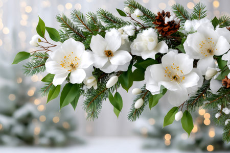 Christmas garland with white magnolia flowers, fir branches, pine cones and artificial snow creates a festive atmosphereの素材