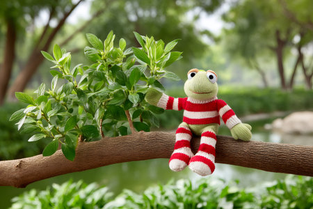 Green knitted frog with red and white striped sweater sitting on a tree branch in a parkの素材