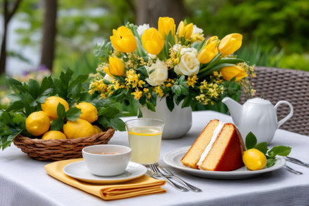 Lemon-themed breakfast table setting with yellow and white flowers, lemonade, lemon cake and fresh lemons in a wicker basket, perfect for a spring morningの素材