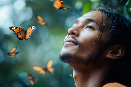 Portrait of a young man enjoying the beauty of nature in a tropical rainforest while some butterflies are flying around himの素材