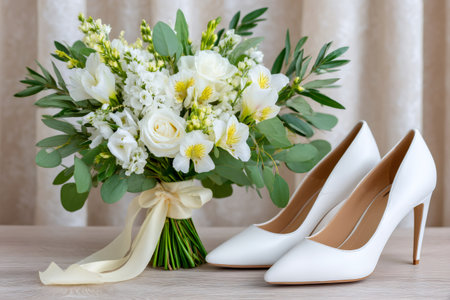 White bridal bouquet with roses, freesias and eucalyptus near elegant white high heels shoes on a table, representing wedding preparationsの素材