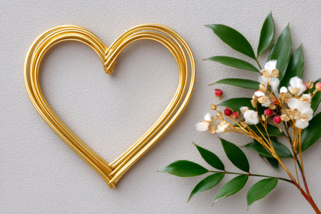 Golden wire heart and decorative flowers lying on a white leather surface, representing love, romance, and decorationsの素材