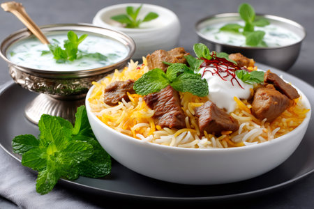 Saffron-flavored basmati rice cooked with mutton and garnished with mint and saffron being served with raitaの素材