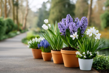 Beautiful spring flowers such as hyacinths, tulips, grape hyacinths and daffodils decorating a path in a parkの素材