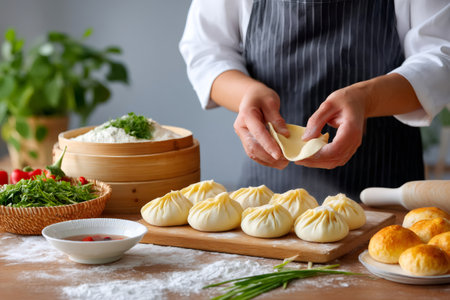 Professional chef making baozi dumplings, folding dough with precision in a bright, modern kitchenの素材