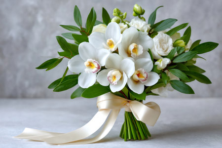 Elegant bridal bouquet featuring white orchids, symbolizing purity and love on a special dayの素材