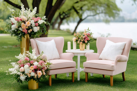 Two pink velvet armchairs with white pillows and flower arrangements in gold vases creating a romantic wedding setup on a green lawnの素材