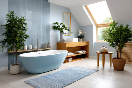 Elegant blue bathtub in a modern bathroom with wooden furniture and houseplantsの素材
