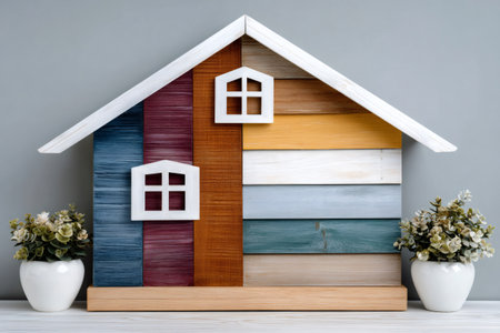 Miniature wooden house with colorful planks and windows and two small plants representing home investment, savings and mortgageの素材