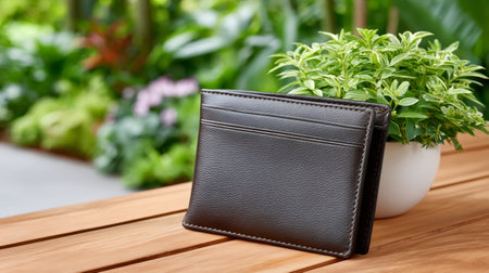 Closed brown leather wallet on wooden table with small green plant in background, suggesting peaceful financial security in natureの素材
