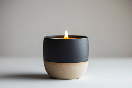 Small modern style candle burning brightly in a dark ceramic container, creating a warm and inviting atmosphereの素材