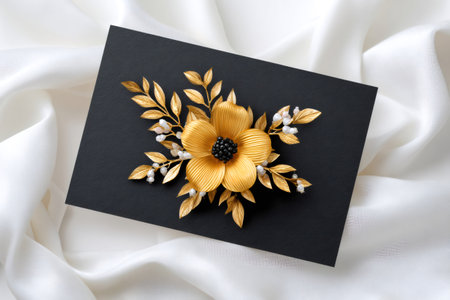 Elegant golden flower brooch with pearls and golden leaves displayed on black card stock, resting on white silk backgroundの素材