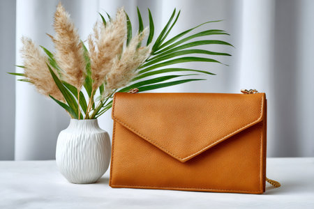 Elegant composition with brown leather handbag, golden chain and dried flowers in white vase on white tableの素材