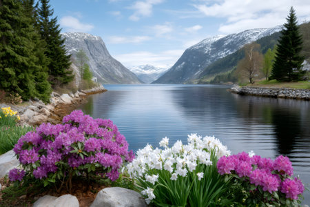 Beautiful pink rhododendrons and white daffodils blooming on the shore of a Norwegian fjord, surrounded by mountains and treesの素材