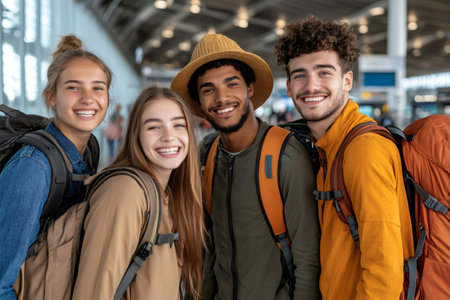 Group of cheerful young students wearing backpacks smiling in airportの素材