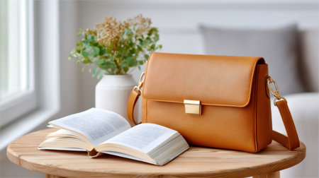 Stylish leather bag and open book are displayed on a wooden table, suggesting a blend of fashion and literatureの素材