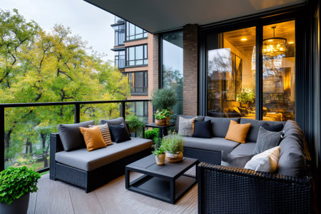 Relaxing outdoor space featuring stylish furniture and lush greenery, perfect for enjoying city viewsの素材