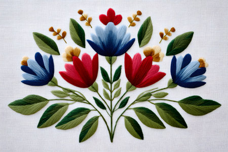 Vibrant embroidery of stylized flowers and leaves creates a charming botanical design on a textured white linen backgroundの素材