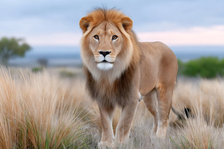 Portrait of a wild lion standing in the African savanna at sunsetの素材