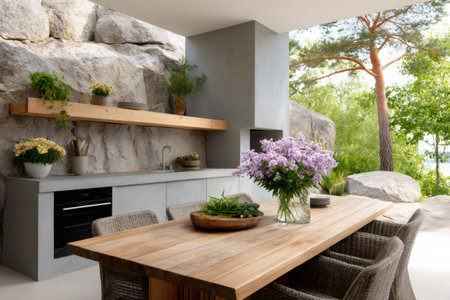Luxurious outdoor kitchen seamlessly integrating with surrounding nature, creating a perfect blend of modern design and natural elementsの素材