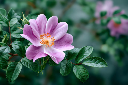 Close-up of a beautiful pink rose flower growing on a green bush in a garden during springtimeの素材