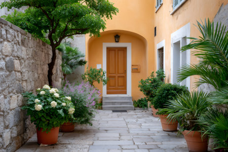 Plants growing in terracotta pots decorating a paved courtyard leading to a wooden door of an orange houseの素材