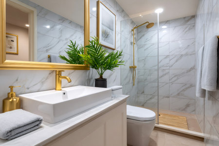 White and gold bathroom with marble tiles, gold faucet, and a glass showerの素材