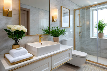 Luxurious bathroom boasting gold fixtures, white sink, and marble tiles, creating a sophisticated and elegant atmosphereの素材