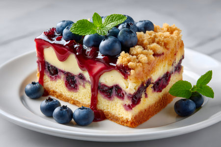 Slice of homemade blueberry cake with crumble topping, cream cheese filling and fresh blueberries on a white plateの素材