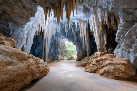 Many stalactites hanging from the ceiling of Khao Bin Cave in Thailand, creating a beautiful natural spectacleの素材