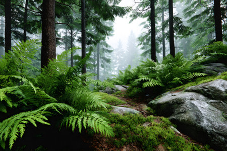 Fog surrounds ferns and moss growing along a path through a pine forestの素材