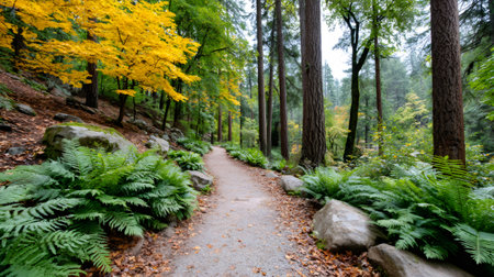 Ferns growing along gravel path in a colorful autumn forestの素材