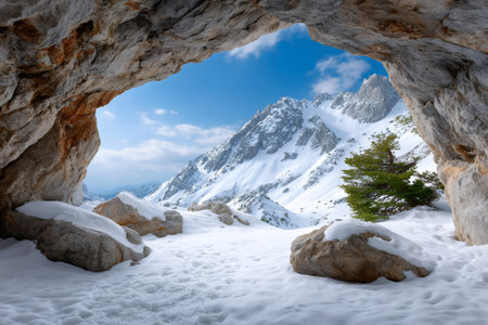 Breathtaking winter landscape showcasing snowy peaks and a coniferous tree seen from the entrance of a natural rocky caveの素材