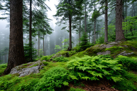 Lush ferns and moss covered rocks thrive in the misty atmosphere of a dense, evergreen forestの素材