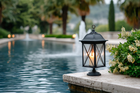 Elegant black lantern with burning candle illuminating beautiful garden with pond and fountainsの素材