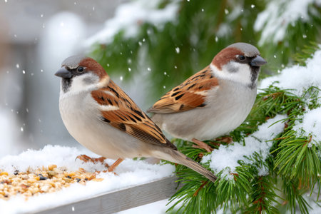 Two house sparrows perched on a snowy bird feeder with pine tree branches during snowfallの素材