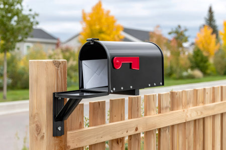 Open black metal mailbox with mail inside, attached to a wooden fence in a residential neighborhoodの素材