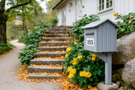 Gray mailbox stands next to stone stairs covered with fallen autumn leaves and yellow flowersの素材