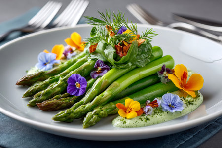 Gourmet dish of cooked green asparagus decorated with colorful edible flowers and fresh herbs, served on a plate with sauceの素材