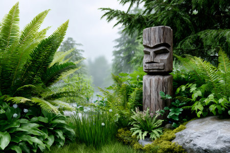 Wooden tiki statue is surrounded by ferns and other plants in a foggy forest near a riverの素材