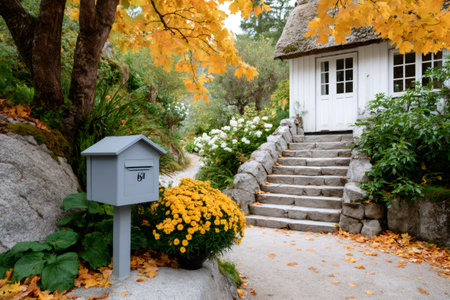 Gray mailbox with the number 57 standing in front of a picturesque Scandinavian house during a colorful autumnの素材