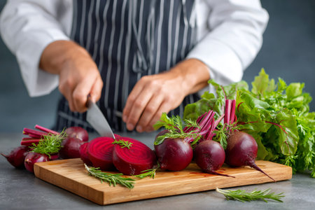 Chef is slicing beetroot on a wooden cutting board, healthy eating and cooking conceptの素材