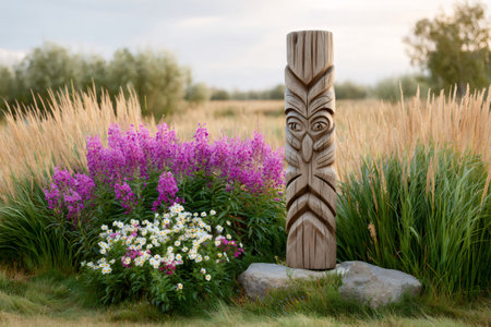 Carved wooden totem pole standing in a garden with purple and white flowers and ornamental grasses, adding a touch of ancient art to the landscapeの素材