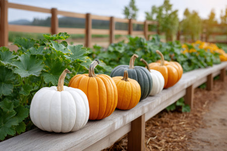 Colorful pumpkins are sitting on a wooden shelf at a pumpkin patch, ready to be harvested for the fall seasonの素材
