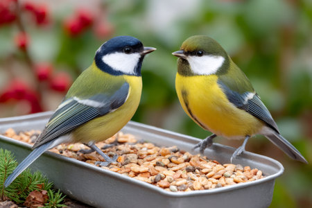 Two vibrant birds sharing seeds in a garden settingの素材