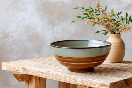 Empty ceramic bowl and vase with dried flowers on rustic wooden table against gray wallの素材