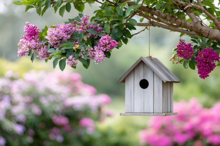Birdhouse hanging from flowering crape myrtle tree branch in spring with blurred pink flowers backgroundの素材