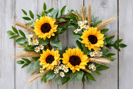 Beautiful sunflower wreath hanging on white rustic wooden planks for a seasonal home decorationの素材